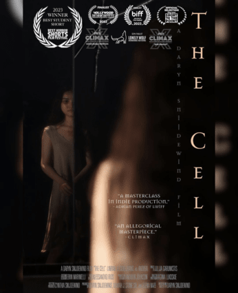 a woman standing mostly in shadows, looking at her reflection. There are awards across the top from best horror shorts film festival, hollywood horrorfest, climax, lonely wolf, biff, and short to the point festival. It also has the title, The Cell, and the director's name, Daryn Snijdewind, across the right side of the image, and a few of the credits across the bottom.